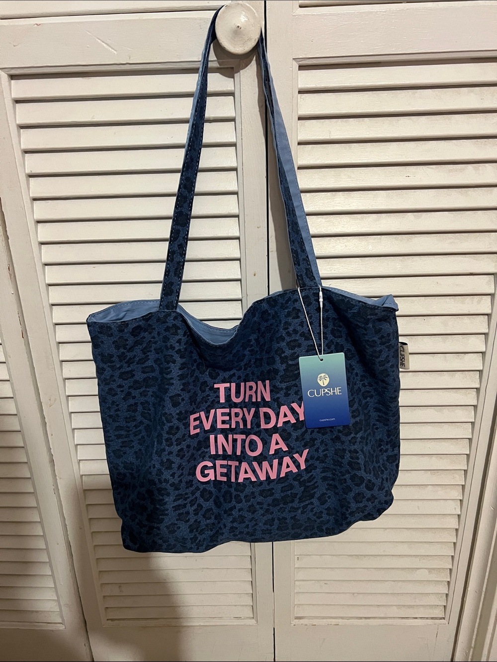 Cupshe Navy Leopard Print Tote with Pink Slogan
